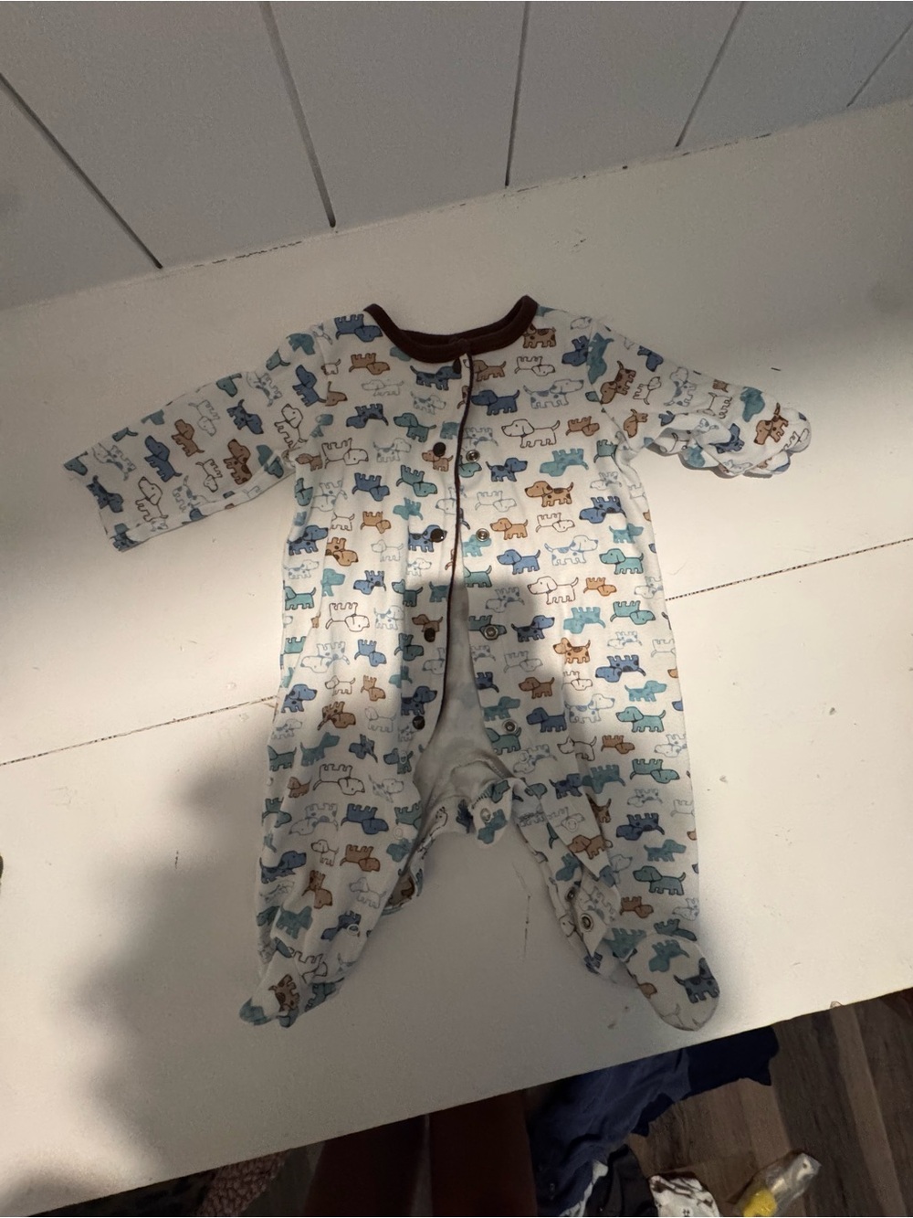 Little Me White One-Piece Footed Bodysuit with Blue & Brown Animal Print